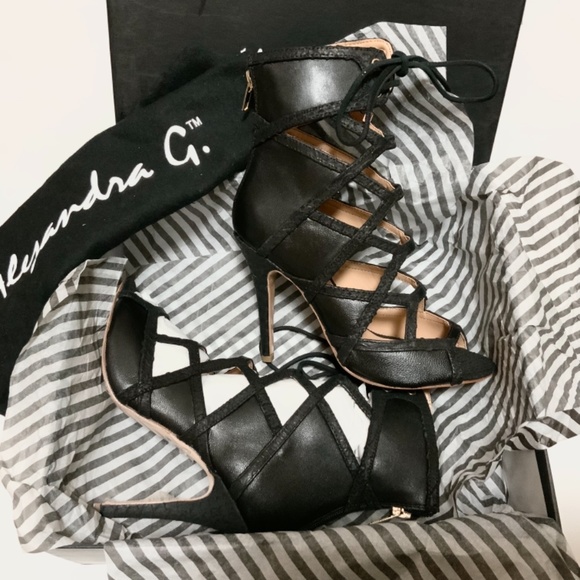Black laced Alejandra G Wanda Black Leather Snake Stiletto Heel Sandals Pumps 37 - Picture 9 of 13